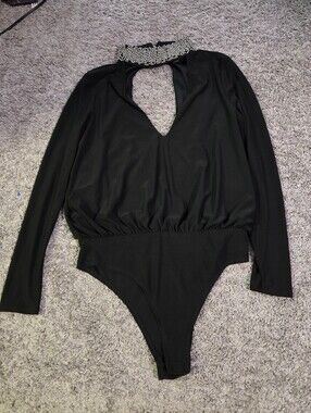 Lipsy Black Long-Sleeve Bodysuit with Embellished Collar